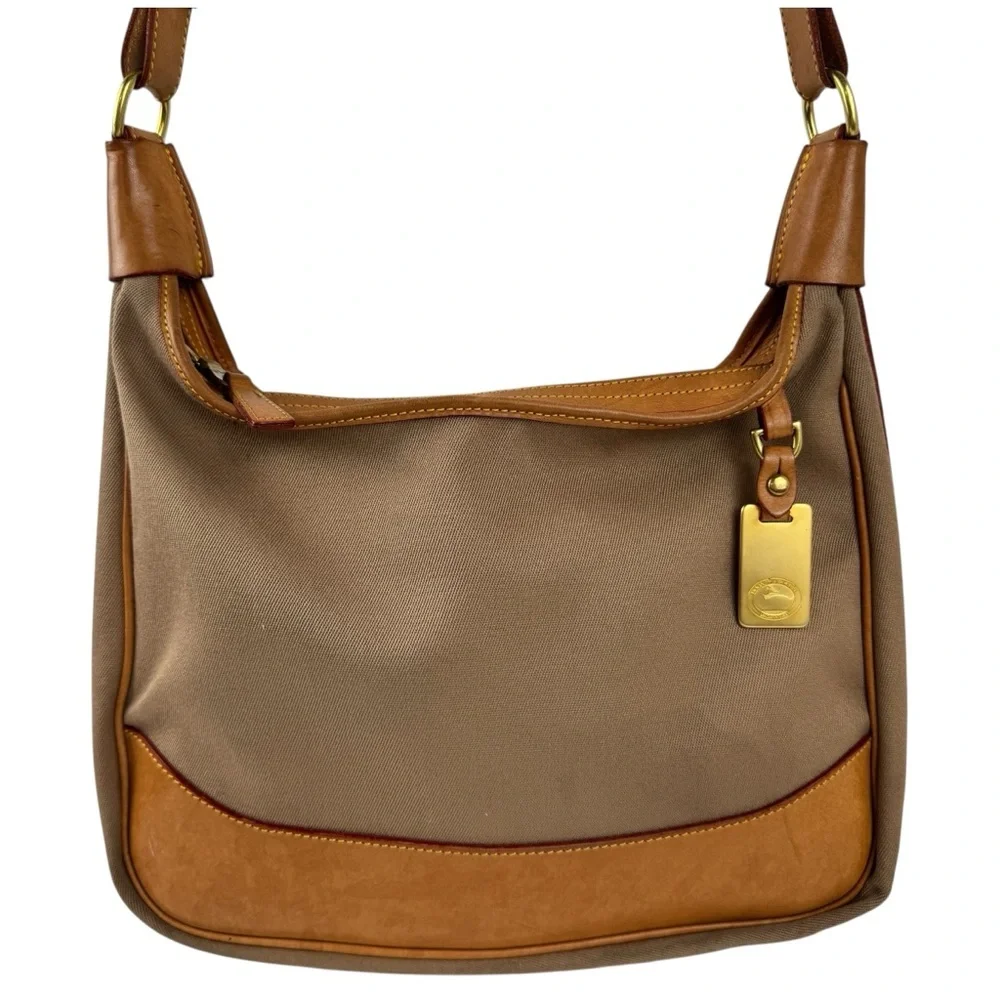 VTG Dooney & Bourke Canvas & Leather Hobo Large Crossbody Bag Tan Brown